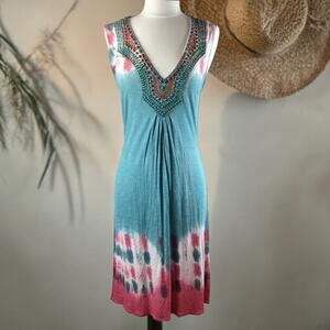 Hale Bob Beaded V-Neck Knee-Length Dress Boho Tie‎ Dye Rayon M Fits S
